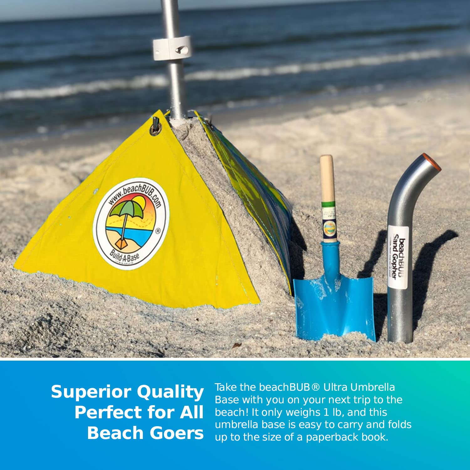 BEACHBUB next to 7.5ft umbrella showing compatible size benefit