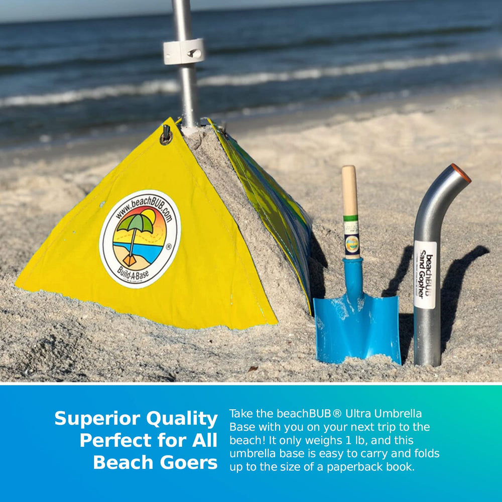 BEACHBUB next to 7.5ft umbrella showing compatible size benefit