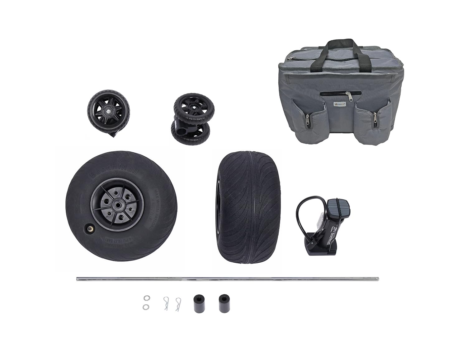 BeachMall size comparison with chairs and gear showing 100 lb capacity and practical scale