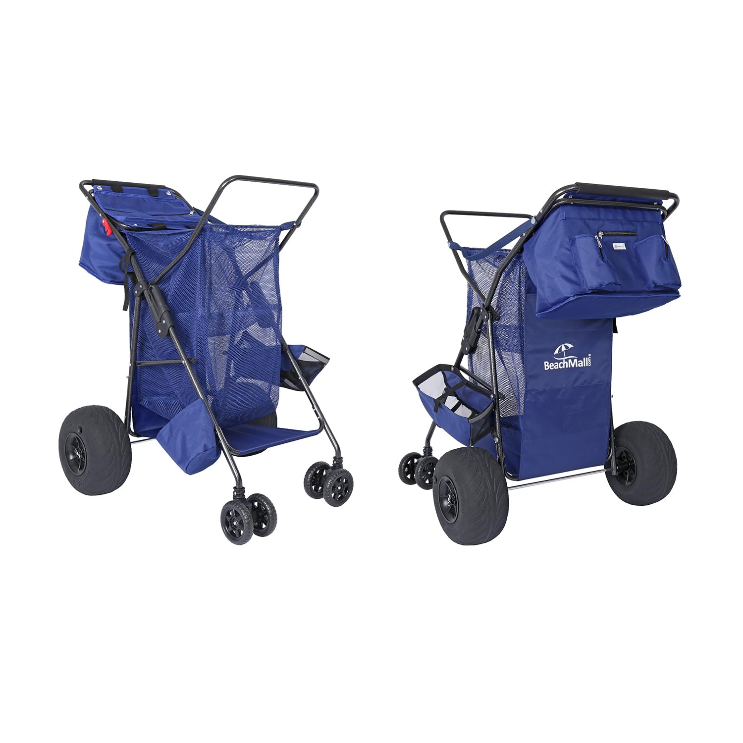 BeachMall cart next to four beach chairs showing 100 lb capacity scale