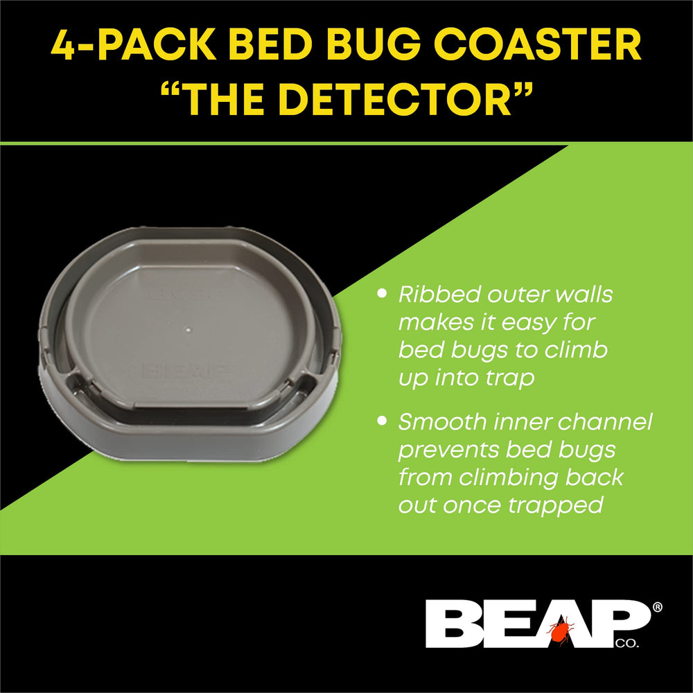 BEAPCO interceptor installed under a bed leg blocking bed bugs and protecting sleep