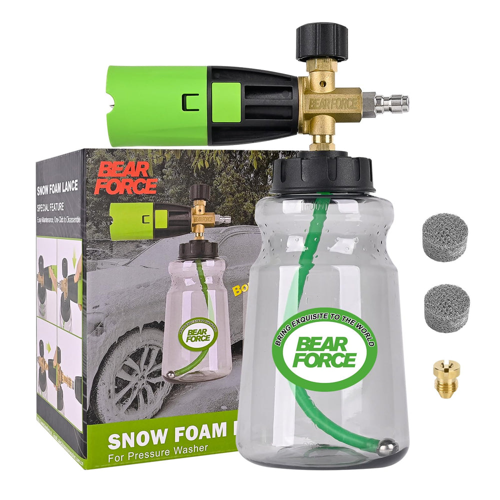 BEAR FORCE front view of foam cannon showing bottle and nozzle, improves wash coverage