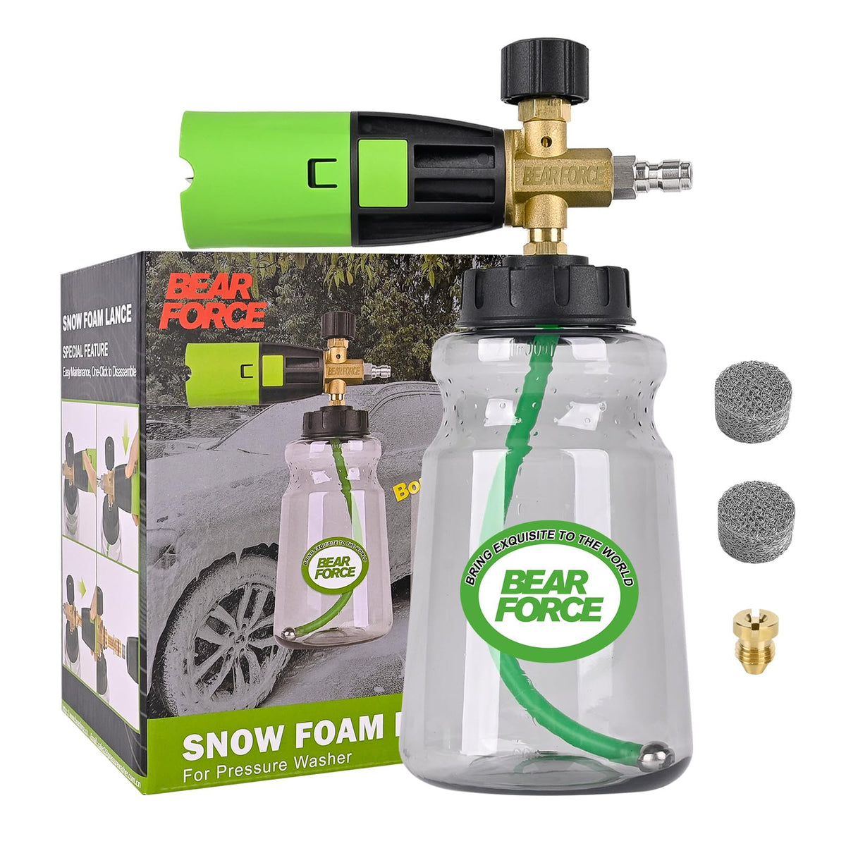 BEAR FORCE front view of foam cannon showing bottle and nozzle, improves wash coverage
