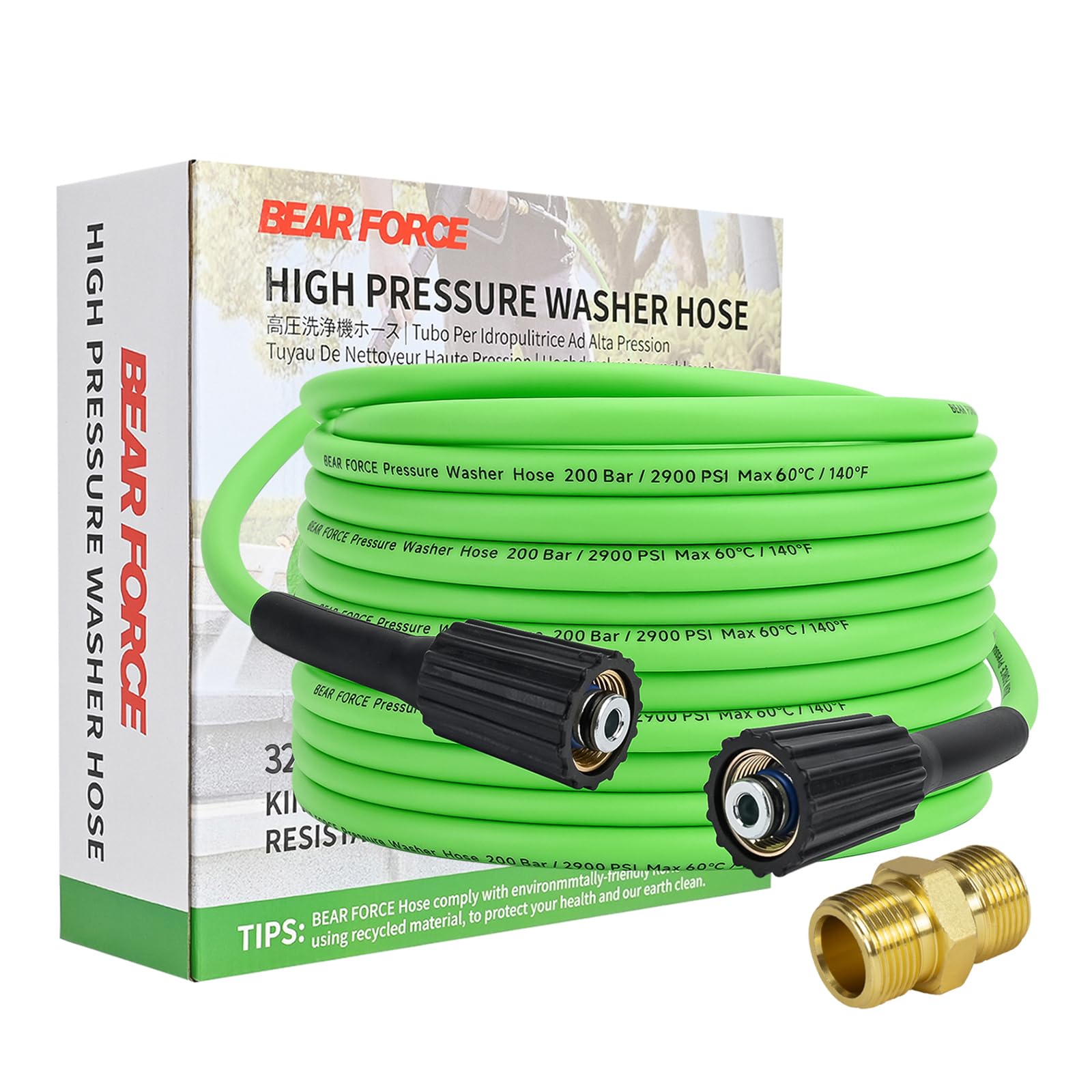 BEAR FORCE front view of packaged 32ft hose showing features and length benefit