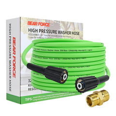 BEAR FORCE front view of packaged 32ft hose showing features and length benefit