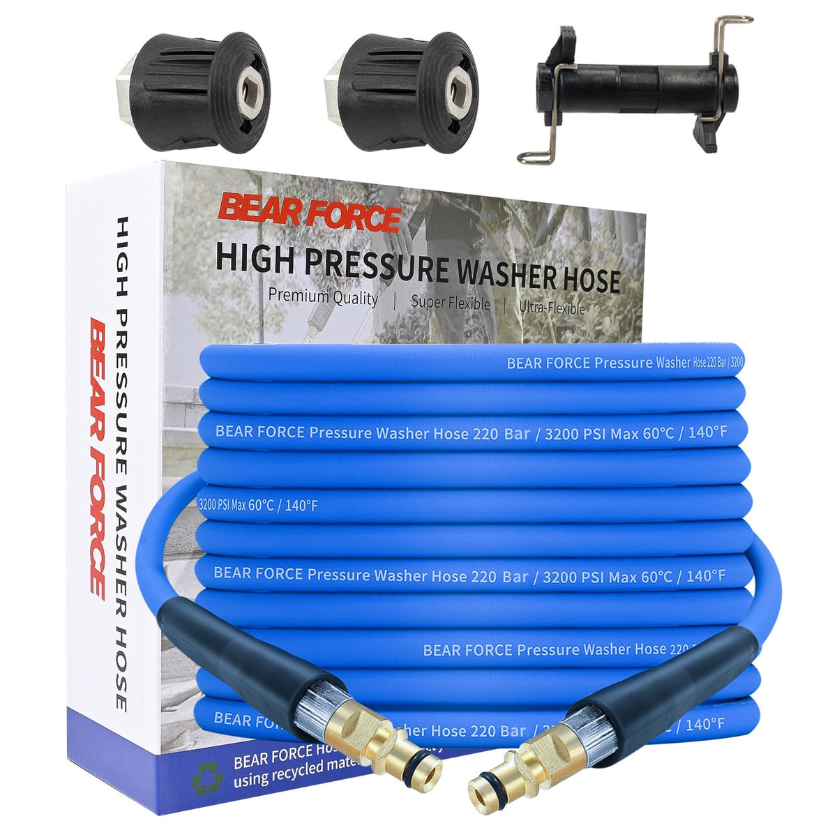 BEAR FORCE coiled 32ft hose front view showing compact storage and quick-access benefit