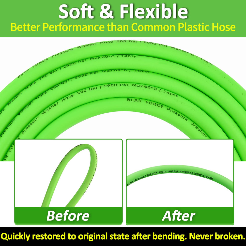 BEAR FORCE full-length coiled hose illustrating flexible reach and easy storage