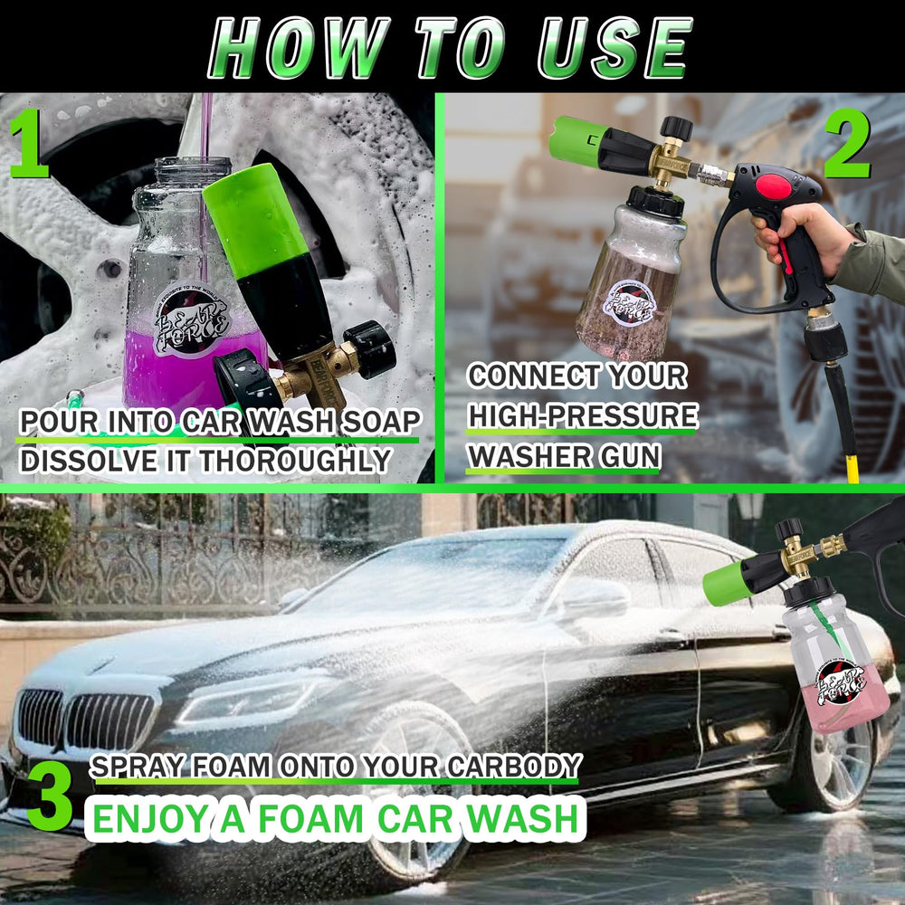 BEAR FORCE foam cannon spraying thick snow foam on car hood for safer paint cleaning