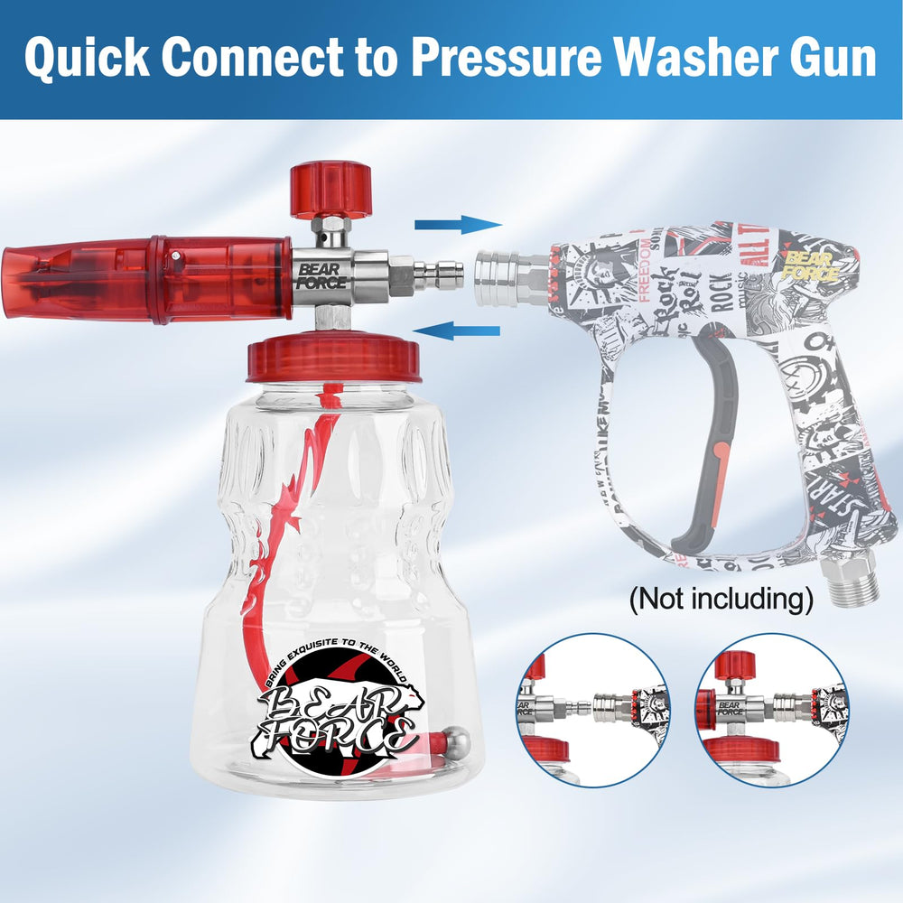 BEAR FORCE foam cannon next to hand showing size and ergonomic handling benefit