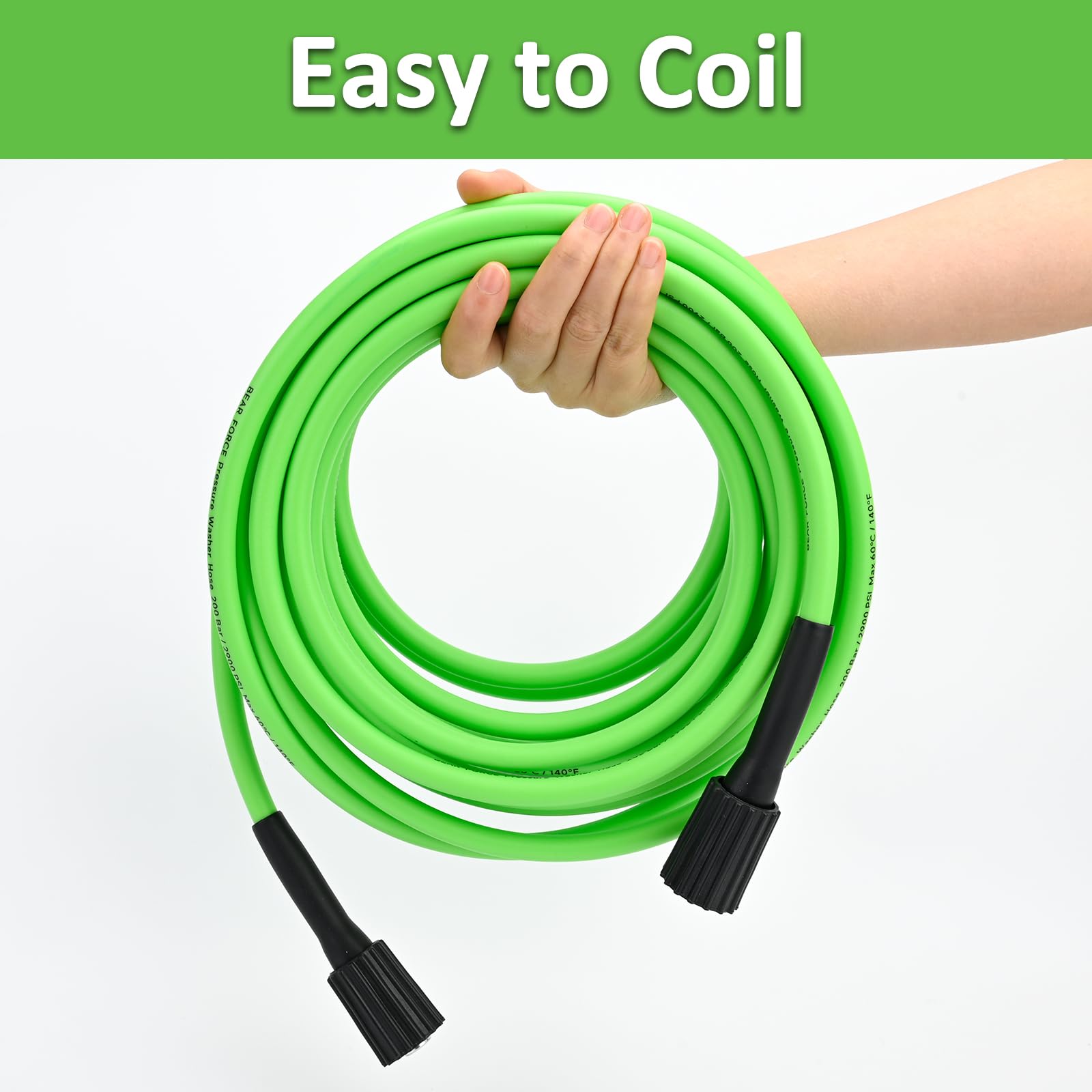 BEAR FORCE hose coiled in garage showing compact storage and portability benefit