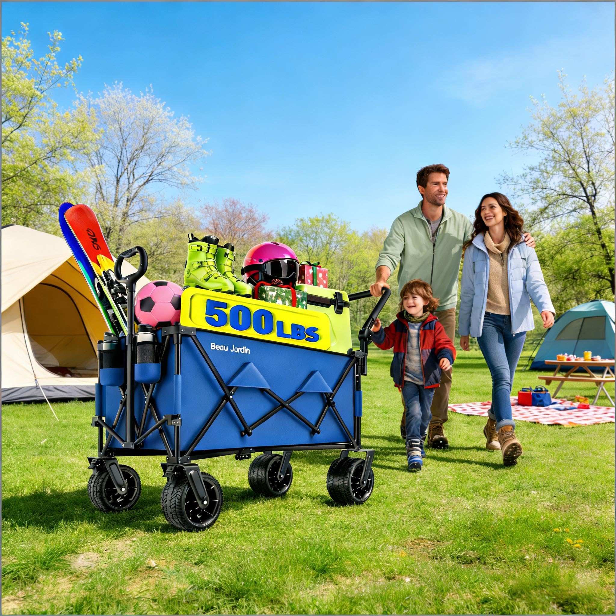 BEAU JARDIN hauling beach cooler and chairs illustrating versatile use benefit