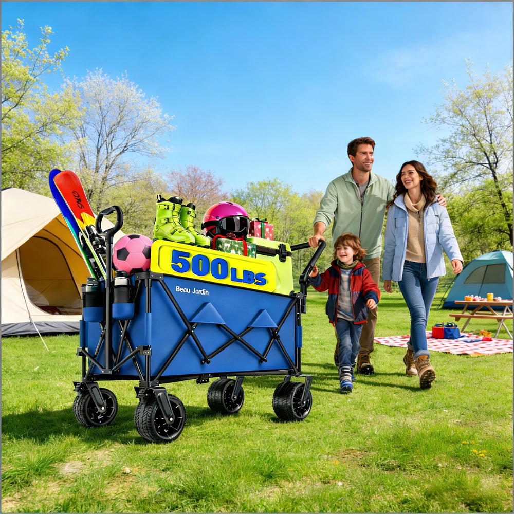 BEAU JARDIN hauling beach cooler and chairs illustrating versatile use benefit