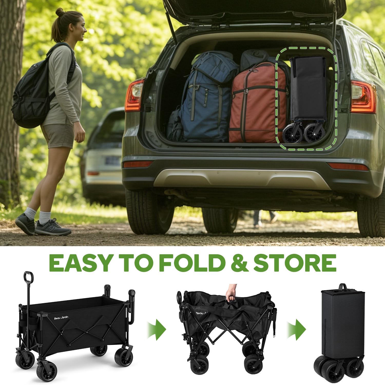 BEAU JARDIN lifestyle beach setup with gear for effortless transport