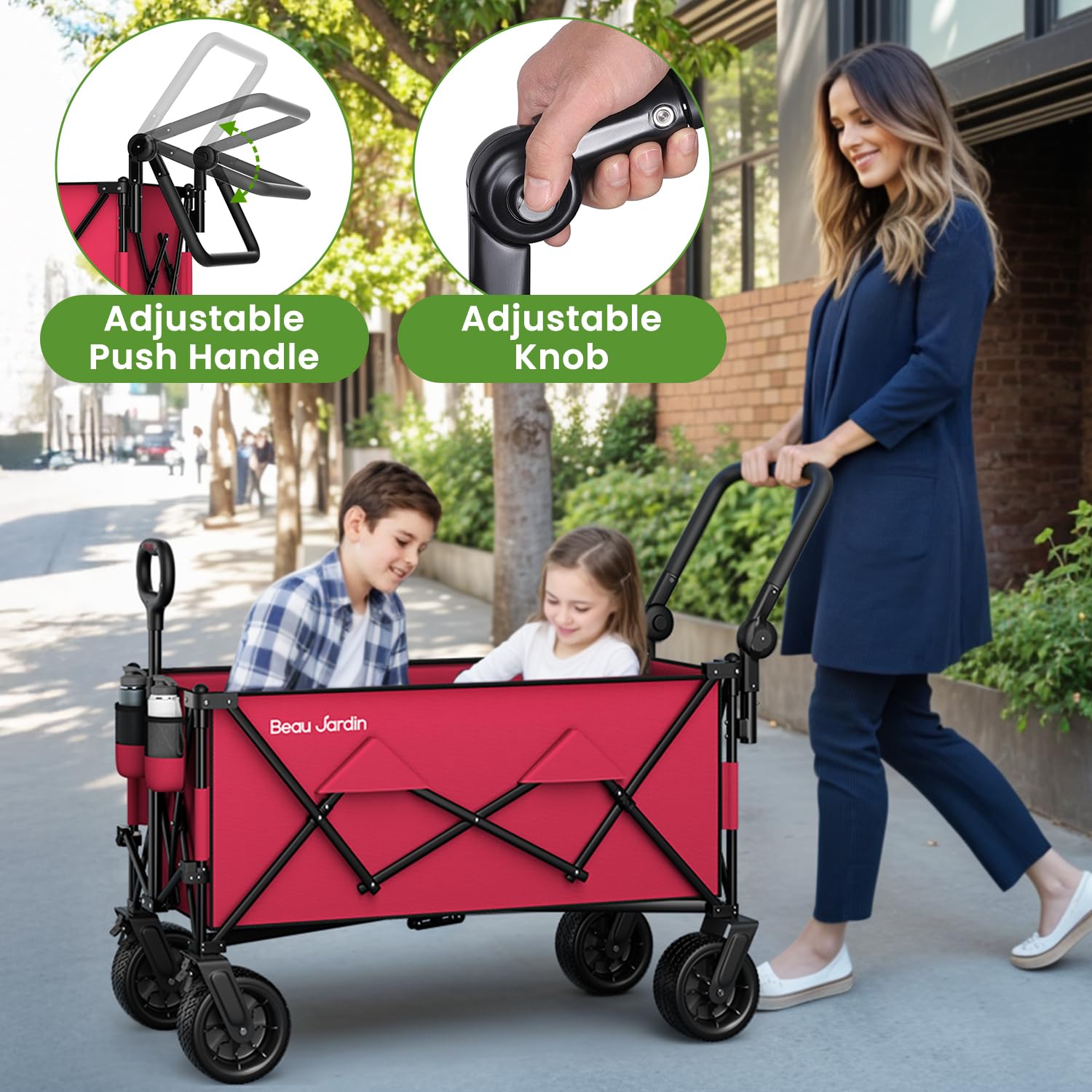 BEAU JARDIN wagon beside person to show scale and ergonomic size