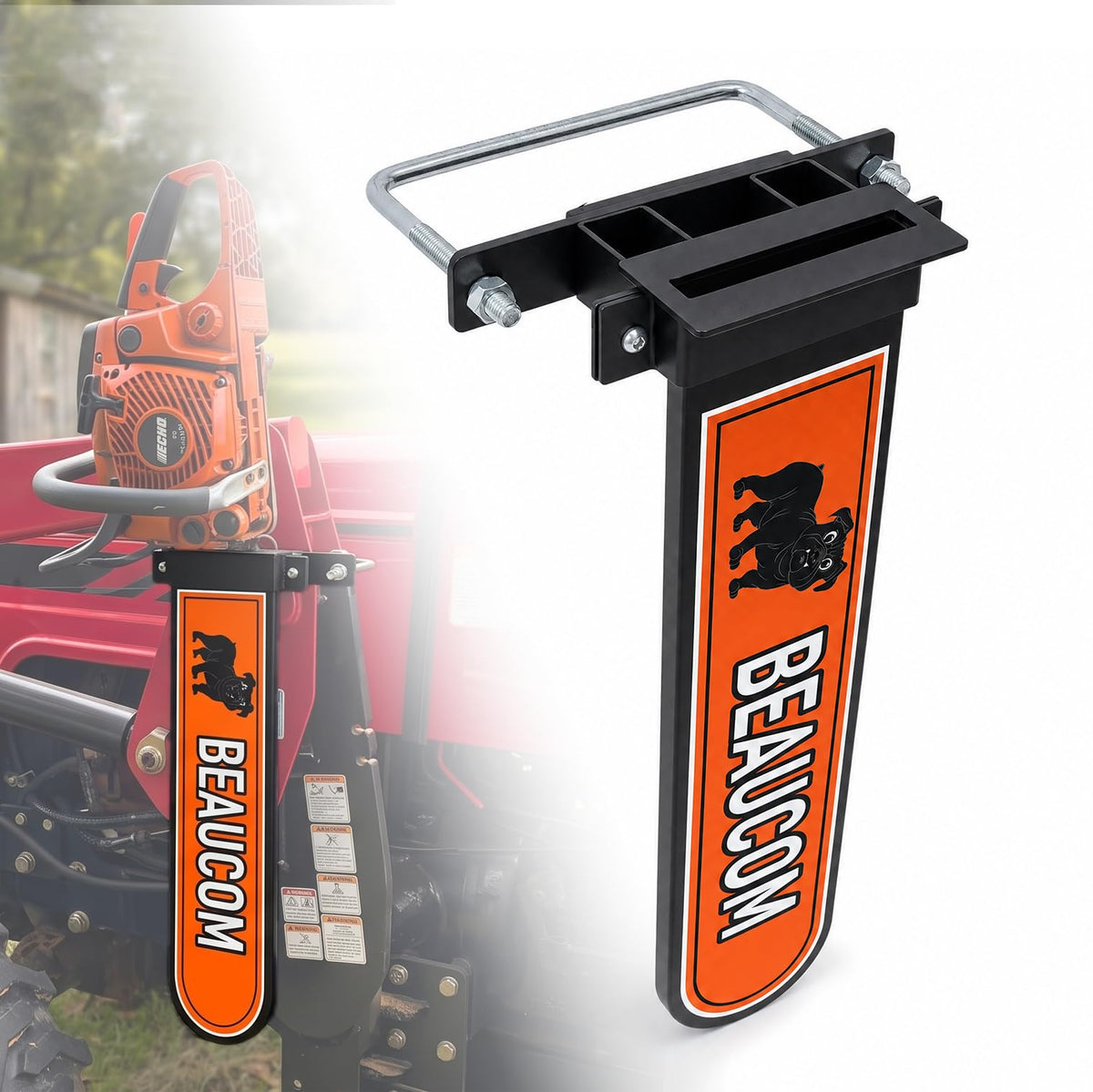 BEAUCOM front view showing steel chainsaw holder and compact profile for secure storage