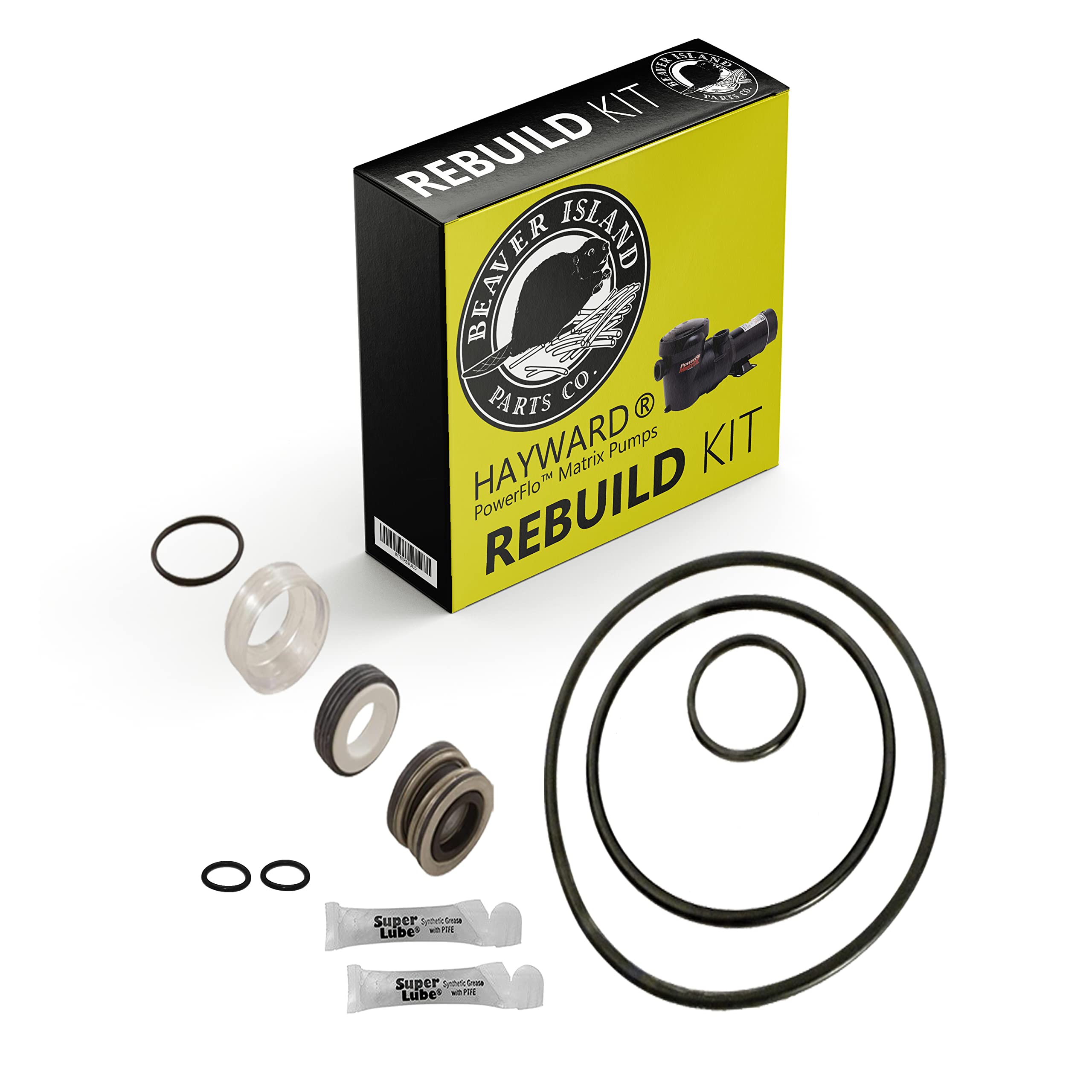 Beaver Island Parts Company front packaging showing complete rebuild kit and compatibility