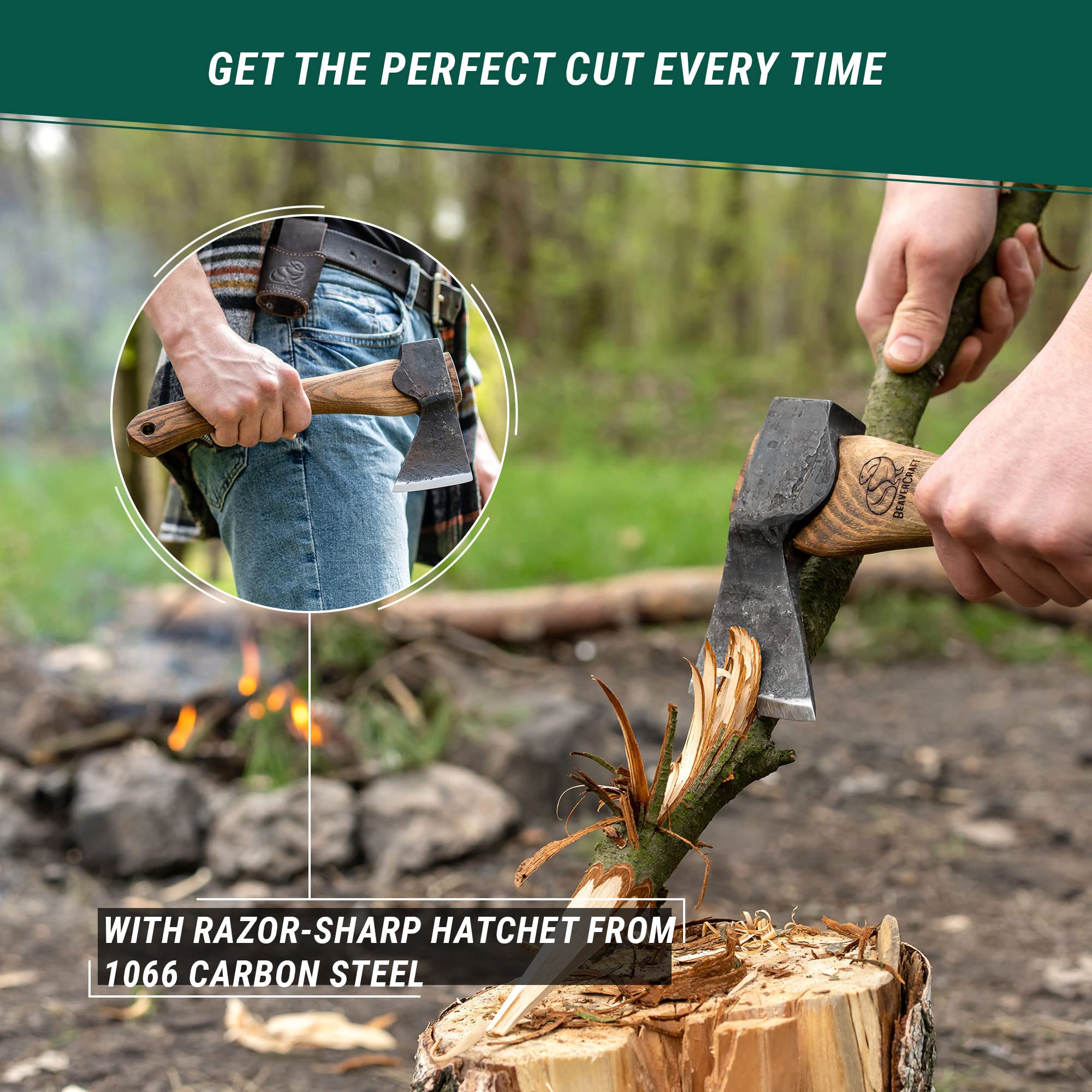 BeaverCraft AX1 splitting small kindling at campsite showing reliable power