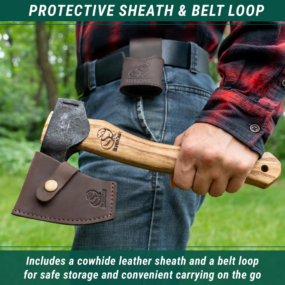 BeaverCraft AX6 leather sheath and belt loop providing secure transport