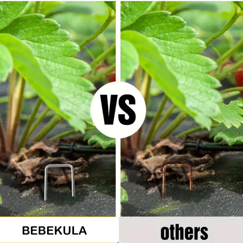 BEBEKULA staples securing weed barrier fabric to prevent shifting in wind