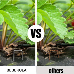 BEBEKULA staples securing weed barrier fabric to prevent shifting in wind