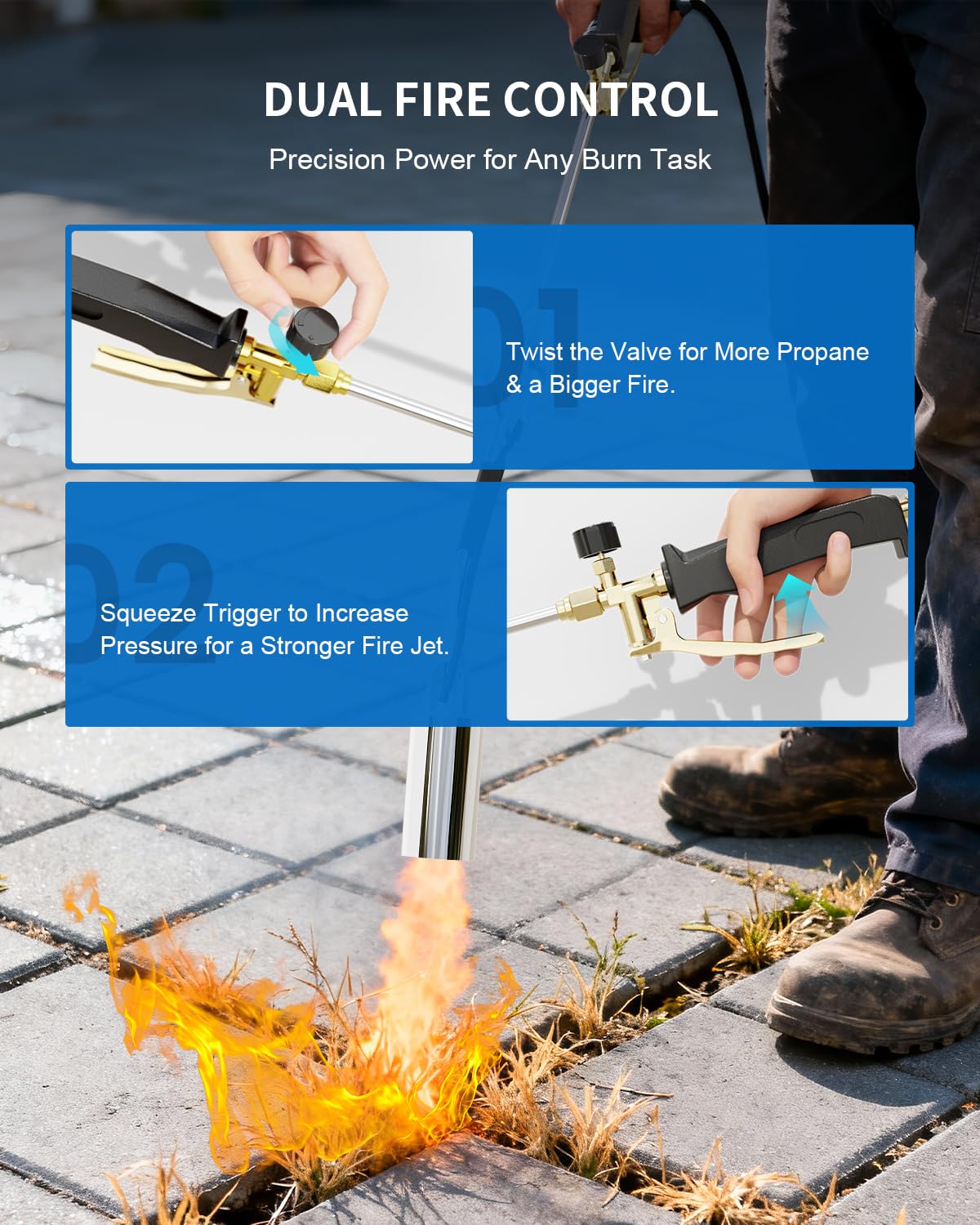 BEBOBLY torch used to burn weeds demonstrating fast, root-level weed removal