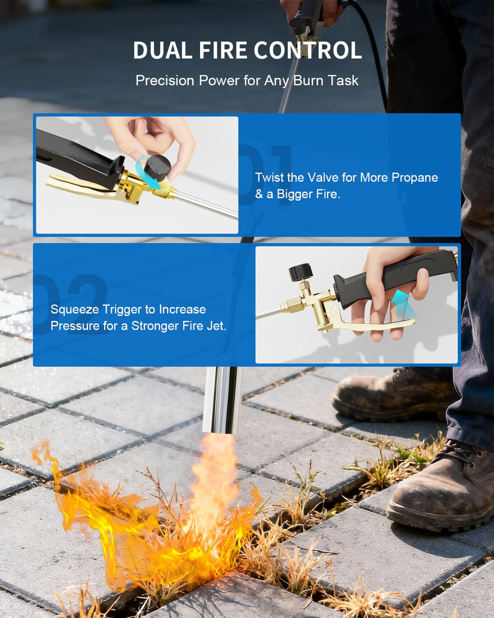 BEBOBLY torch used to burn weeds demonstrating fast, root-level weed removal