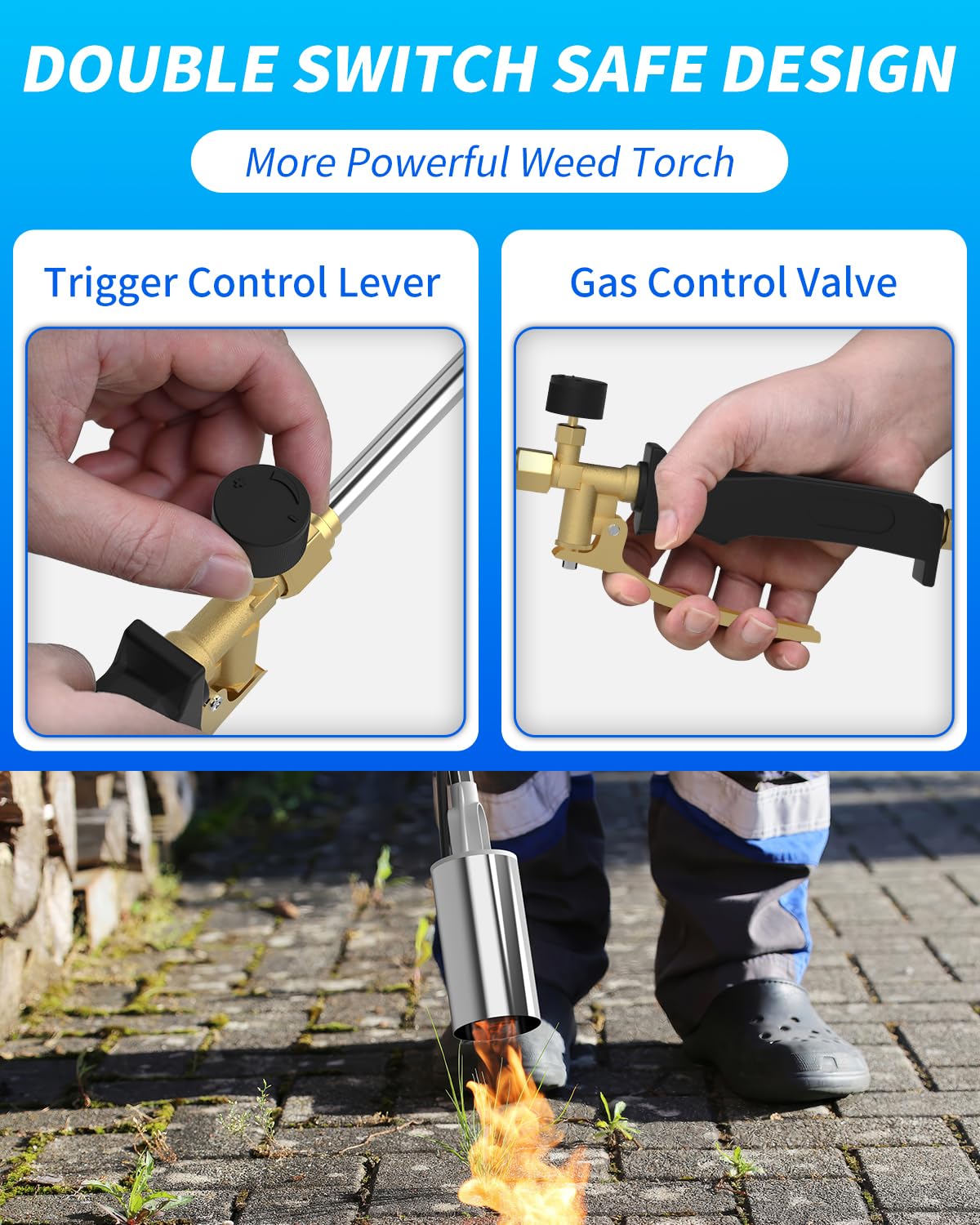 BEBOBLY torch in use over weeds showing fast chemical-free weed control