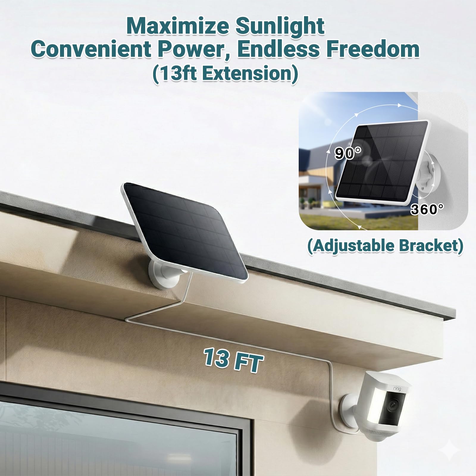 BECOMFY panel mounted to Ring Spotlight Cam Battery keeping camera charged