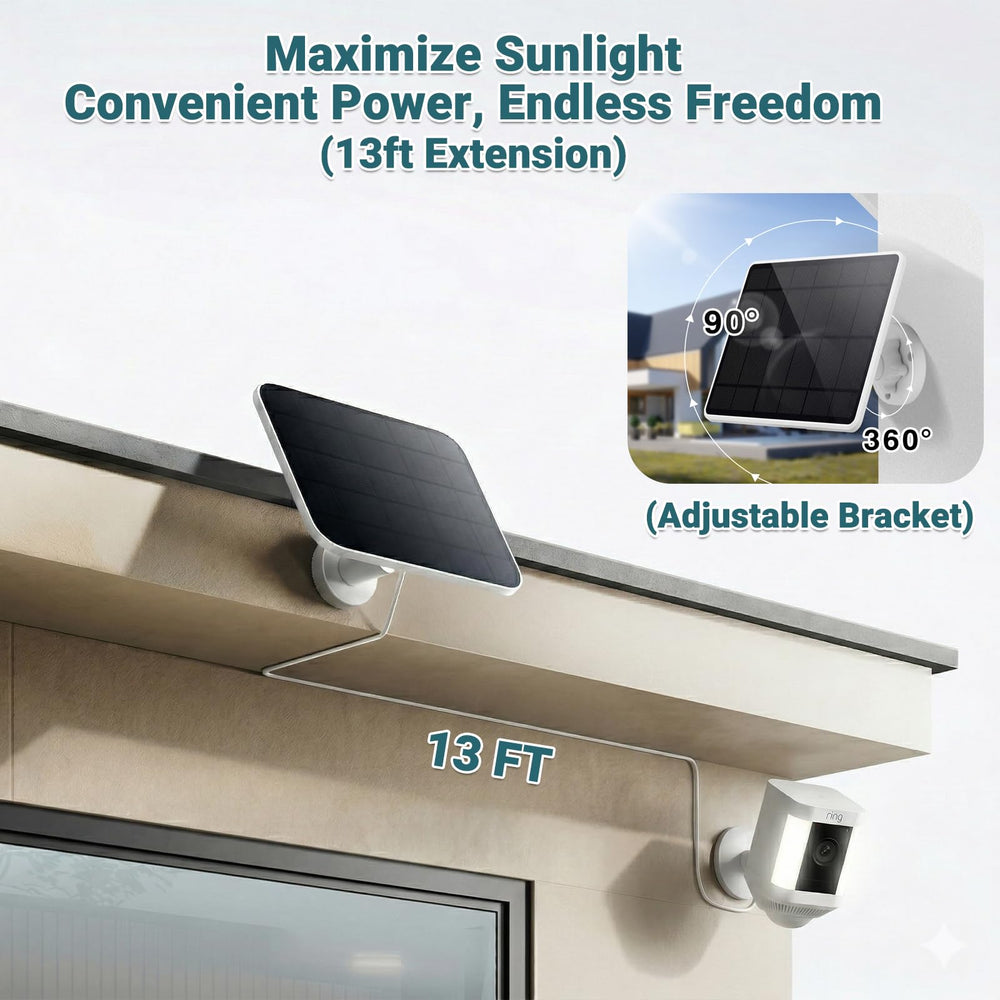 BECOMFY panel mounted to Ring Spotlight Cam Battery keeping camera charged
