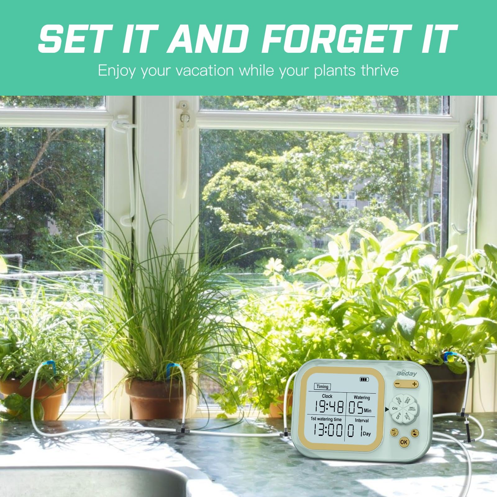 beday system installed on windowsill with multiple pots for organized watering