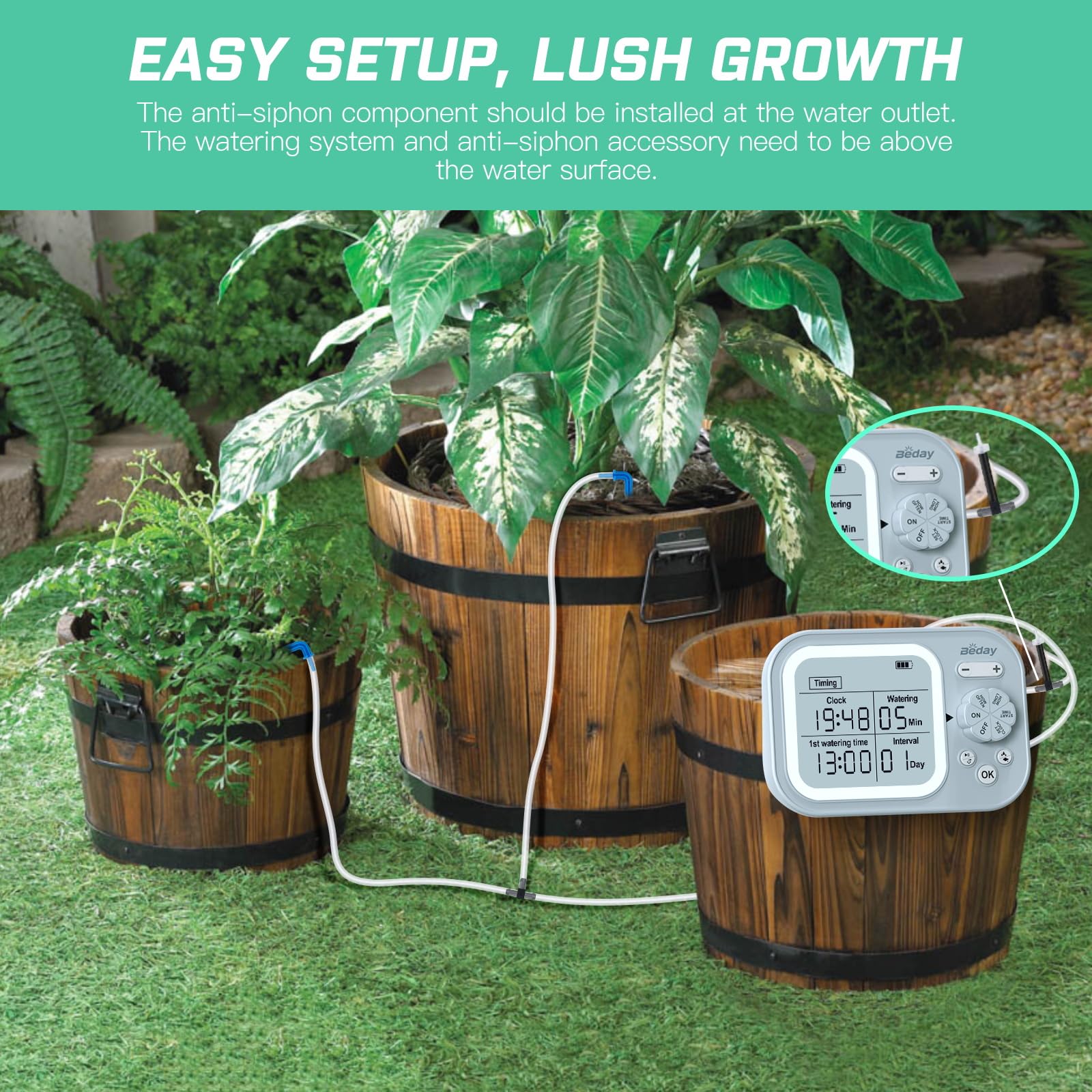 beday system installed on window shelf, automates watering for indoor plants