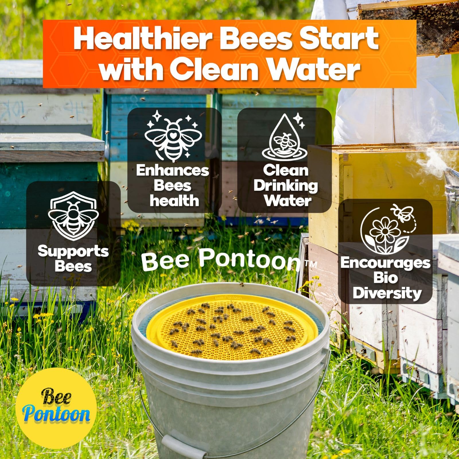 BEE PONTOON floating in a birdbath offering safe water access for pollinators