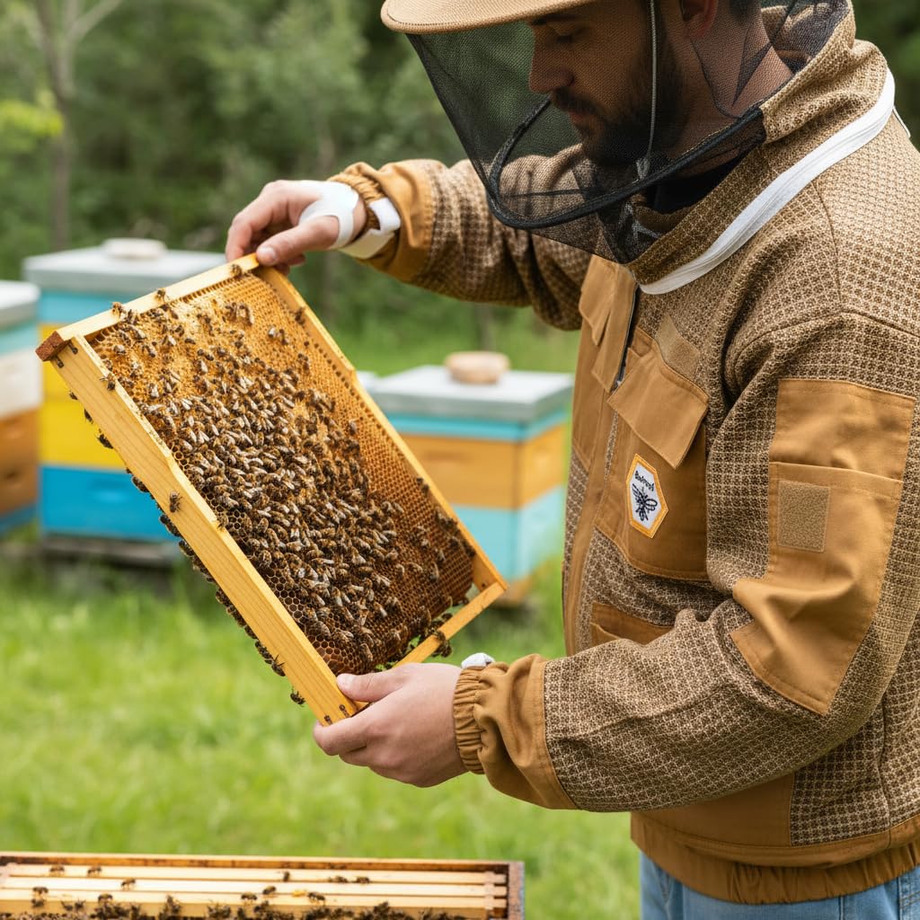 Bee Proof beekeeper wearing jacket during hive inspection for safety