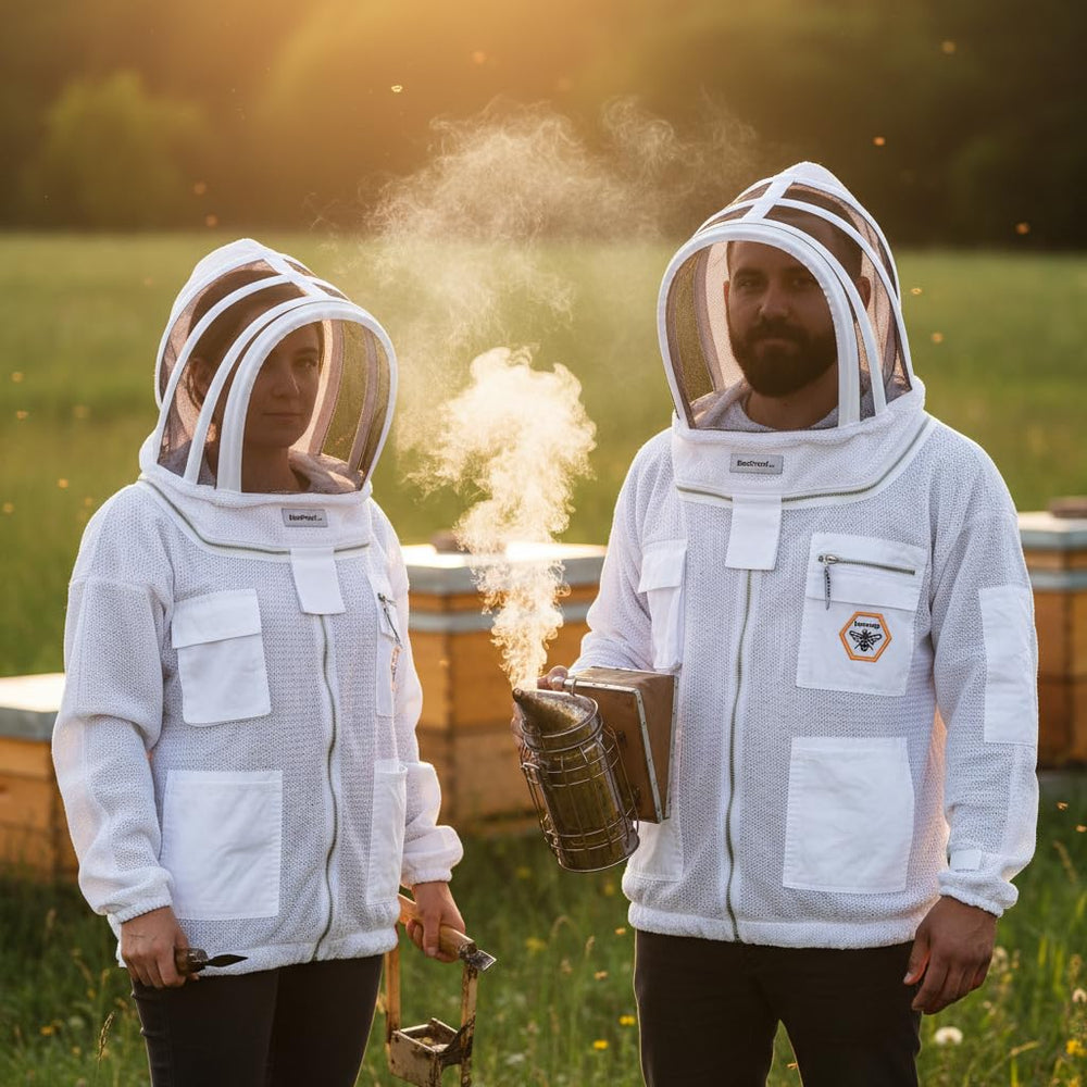 Bee Proof jacket shown with beekeeping tools to illustrate scale and utility