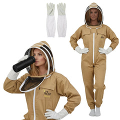 Bee Stars front view of khaki suit and veil showing full-body protection and visibility