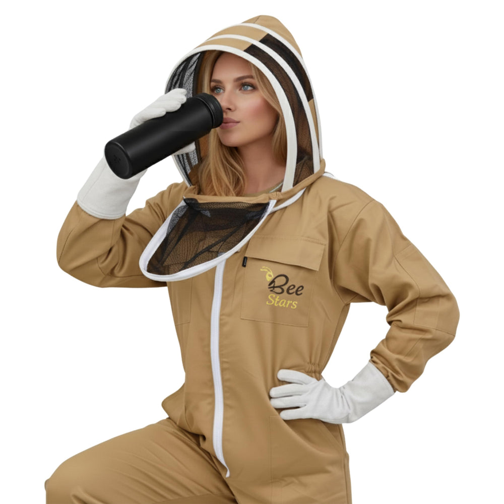 Bee Stars beekeeper wearing suit working at a hive for comfortable hive inspections