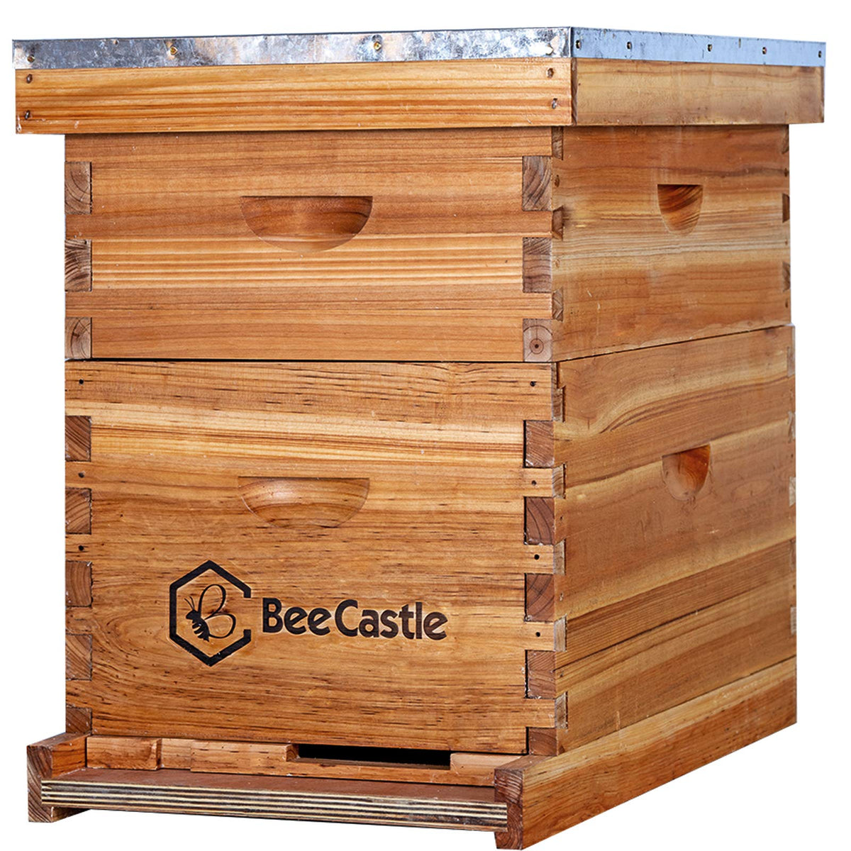 BeeCastle front assembled hive showing beeswax finish and weather resistance