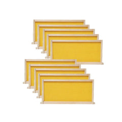 BeeCastle front packaging showing 10-pack frames and yellow waxed foundations for quick comb building