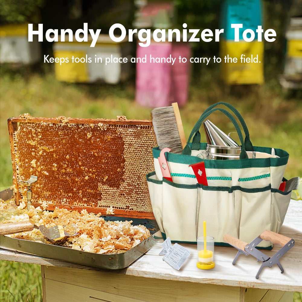 BeeCastle organizer tote open with tools arranged showing quick-access advantage