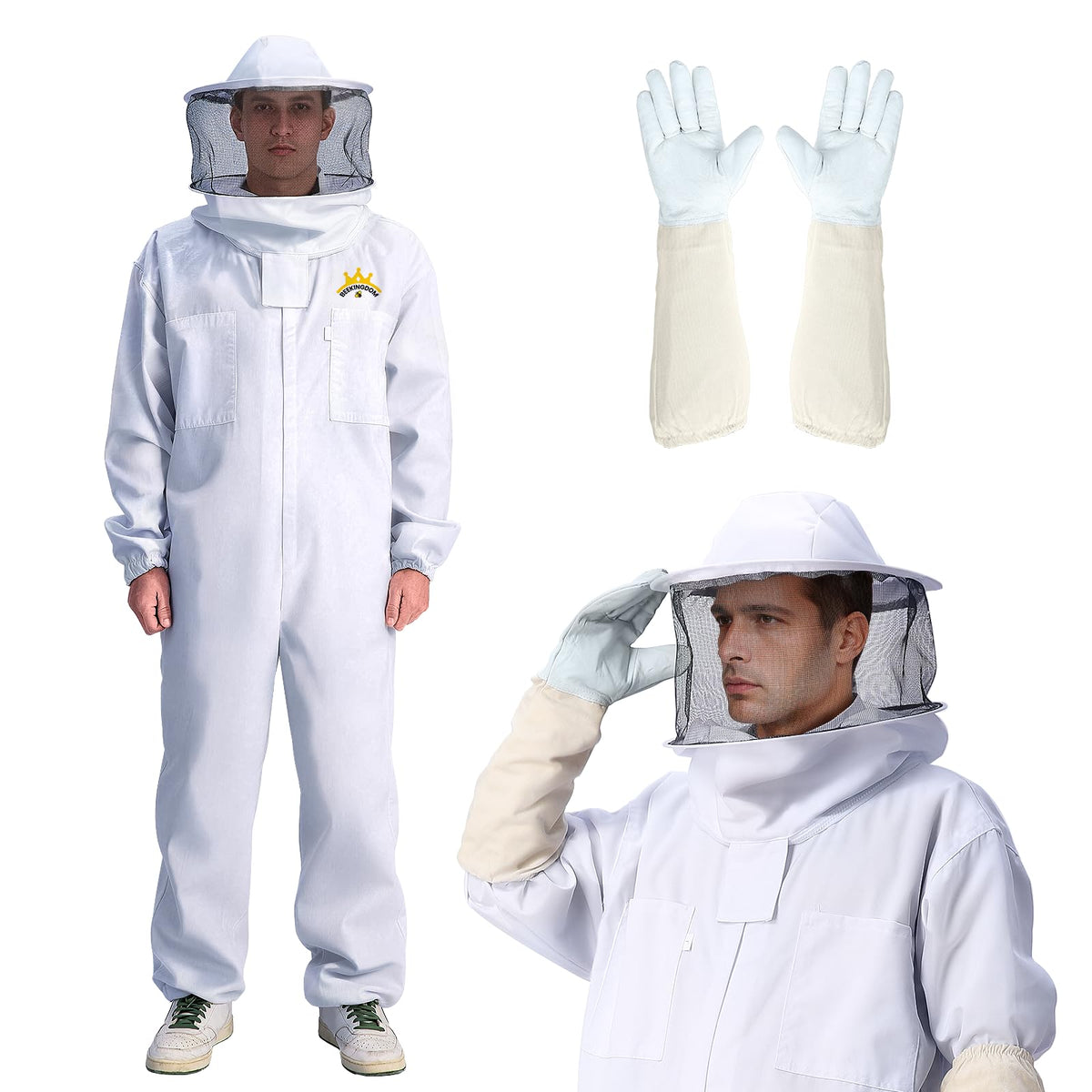 BEEKINGDOM front view suit showing full coverage and secure closures for safety