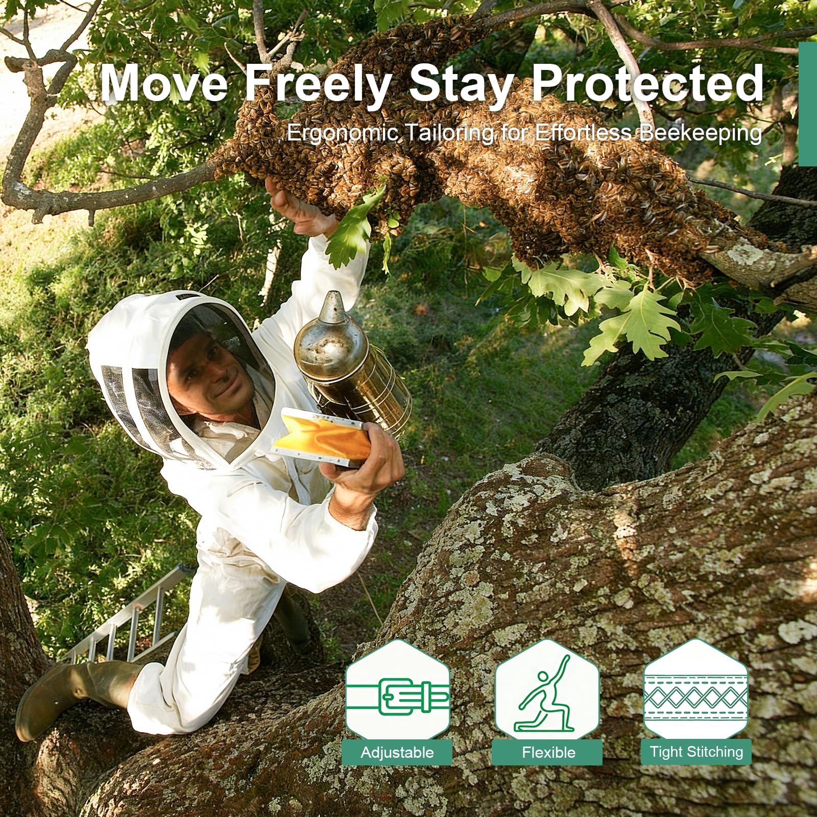 BEEKINGDOM suit in use during hive inspection demonstrating mobility