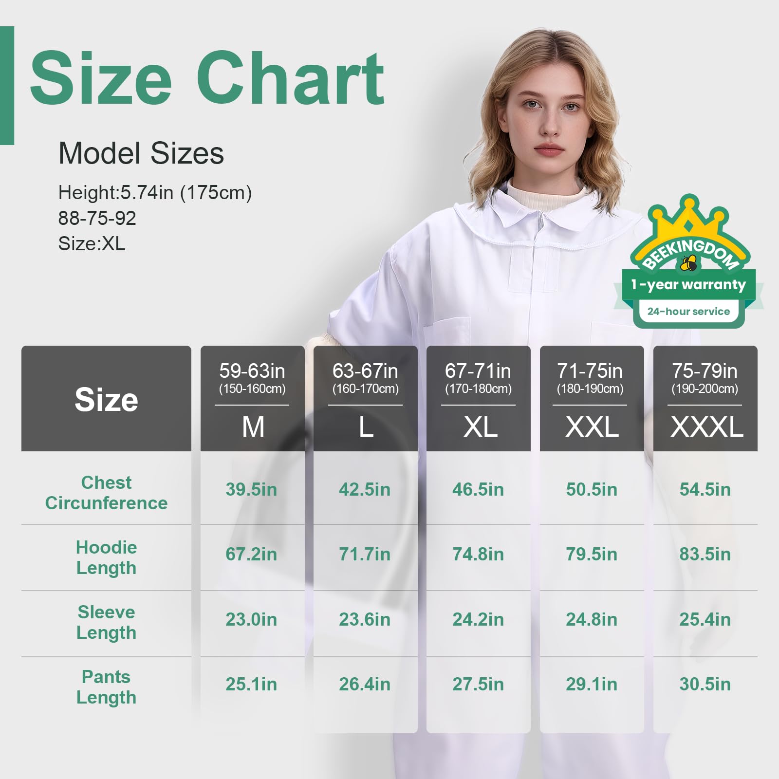 BEEKINGDOM size comparison showing XL scale and fit for average heights