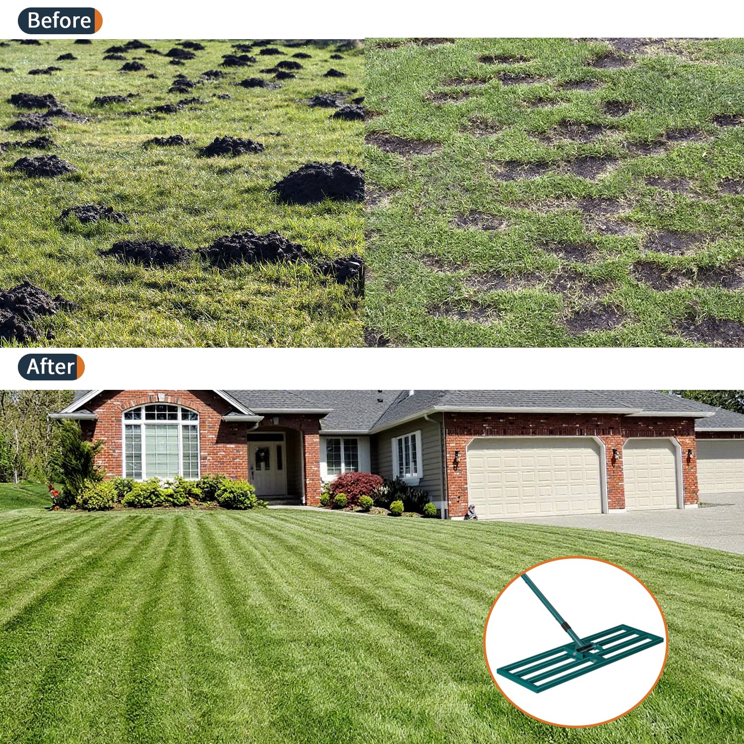 BeeOwner rake in a garden setting demonstrating professional-looking results