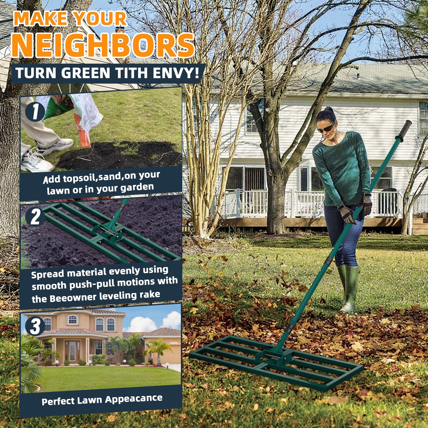 BeeOwner rake in use spreading topsoil for even lawn preparation benefit