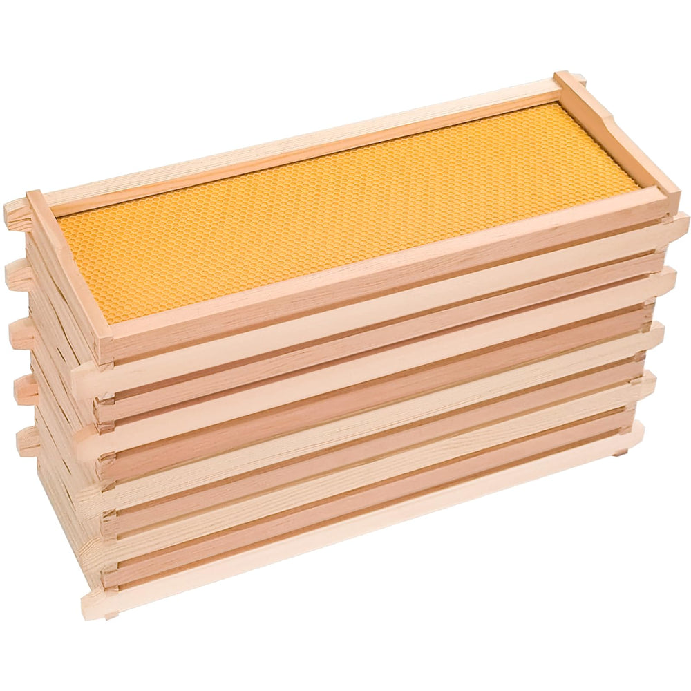 BeeTech front pack of ten unassembled medium super frames showing contents and benefits