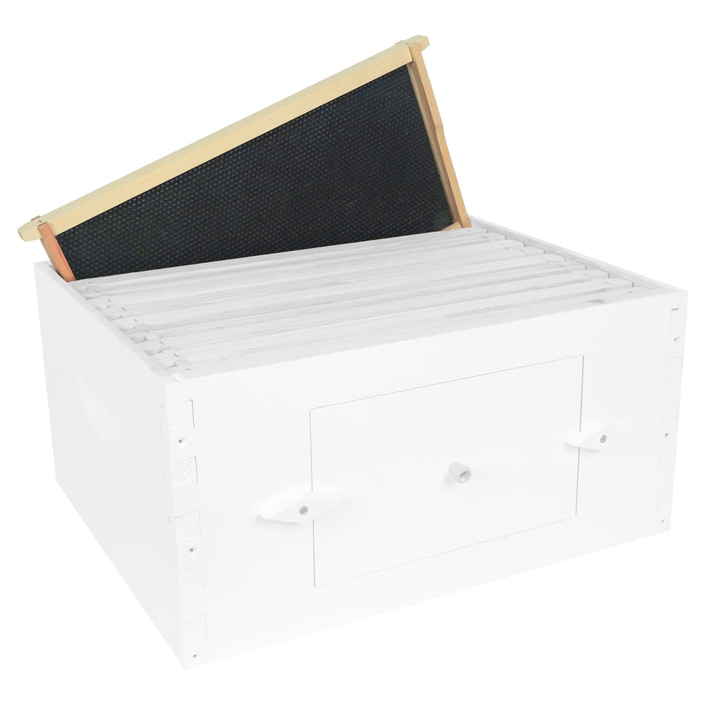 BeeTech frames in a backyard hive scene conveying practical setup and beekeeper convenience