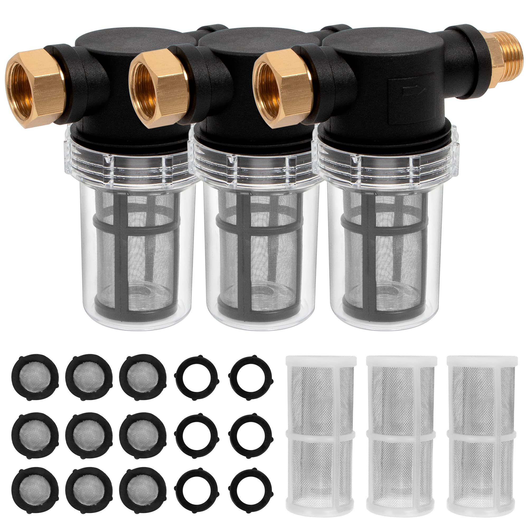 BEETRO front view of inline hose filter showing threaded ends and compact body, prevents pump damage