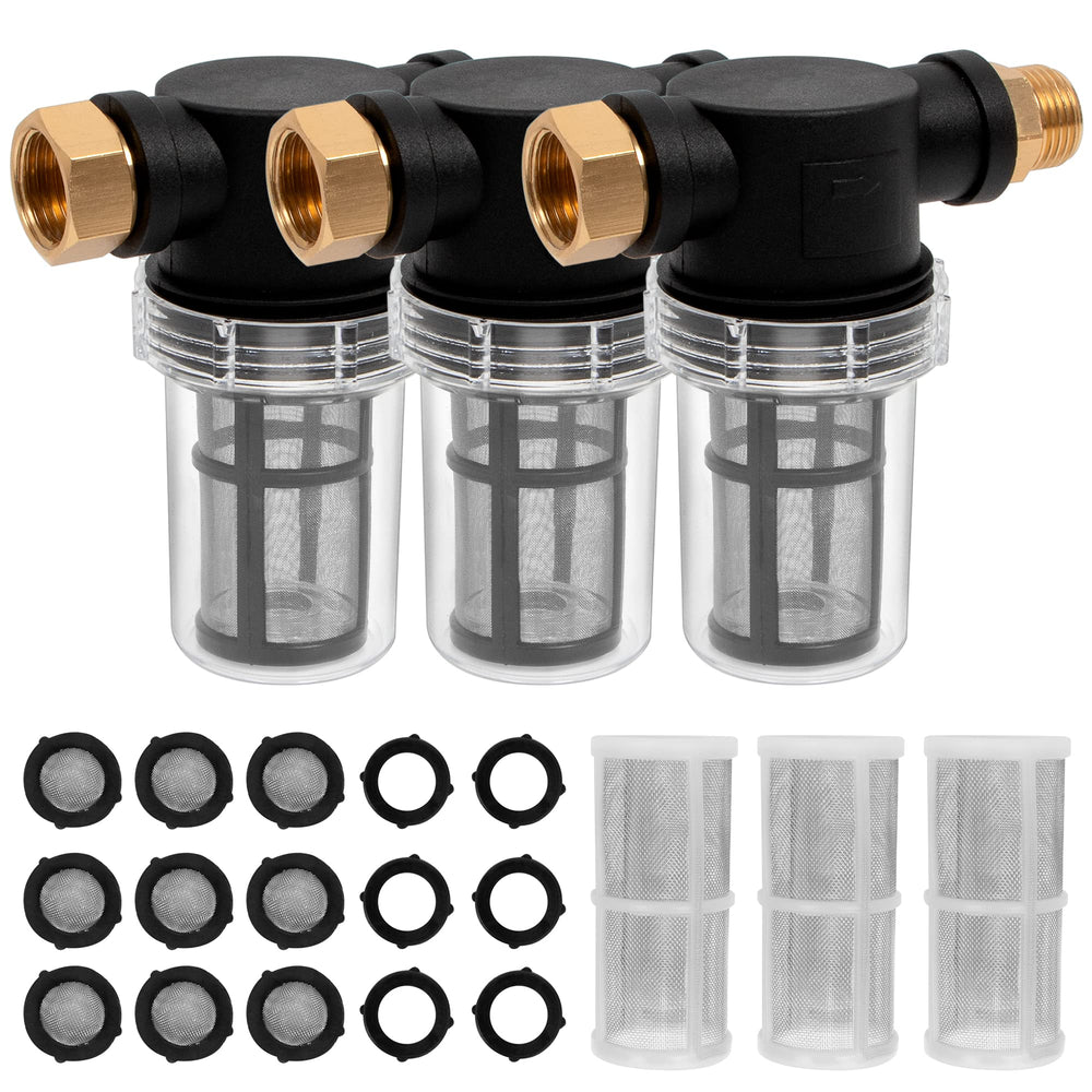 BEETRO front view of inline hose filter showing threaded ends and compact body, prevents pump damage