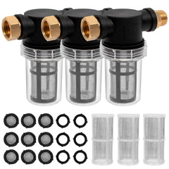 BEETRO front view of inline hose filter showing threaded ends and compact body, prevents pump damage