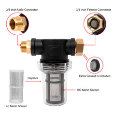 BEETRO filter attached to a pressure washer hose in use, protecting pump from grit during cleaning